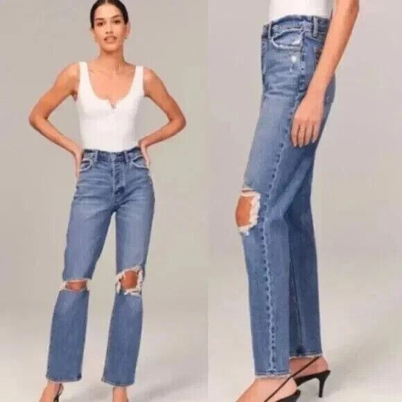 Abercrombie & Fitch Dad High Rise Curve Love Jeans Blue Size 25 / 0 Reg - Picture 1 of 9